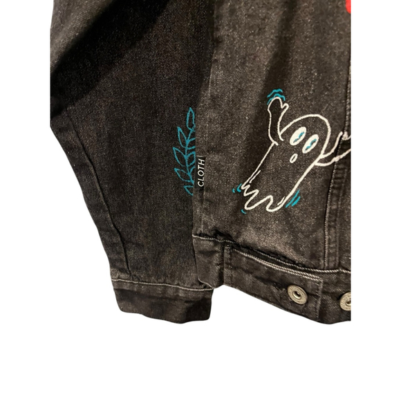 Brooklyn Cloth Graphic Design Black Denim Jacket Size Medium Casual Jean Trippy - Picture 9 of 9